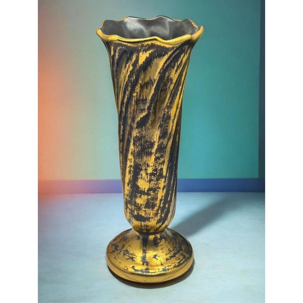 Vintage Stangl Black & Gold Ceramic Vase 1993 Elegant Pedestal Design